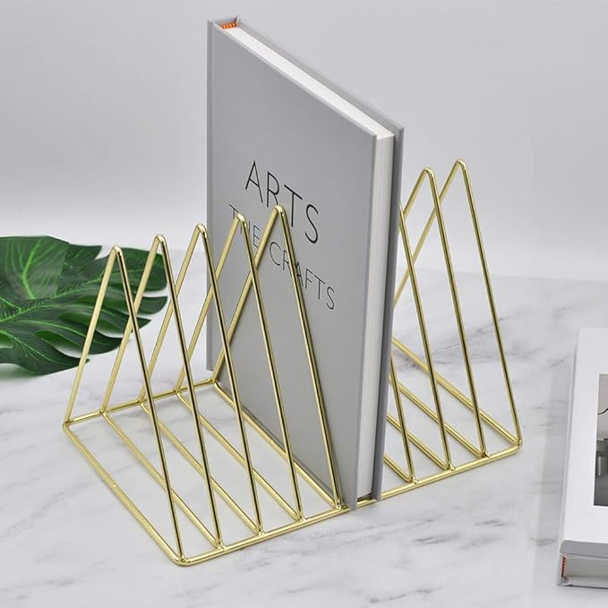 EASEPRES Gold File Holder Organizer, Triangle Record Album Holder Magazine Wire Rack, 9 Slot Multifunction Desktop Storage Decor for Home Office