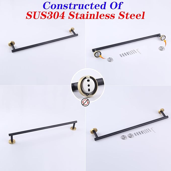 GERZWY SUS 304 Stainless Steel 24-Inch Bathroom Towel Bar Modern Round Style Bath Towel Bar Wall Mount (Black & Gold) AG1101C60-BD