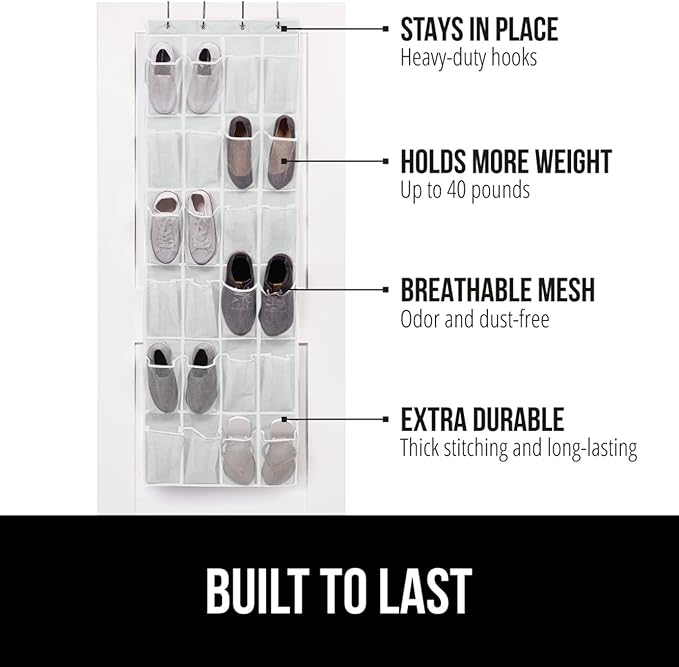 GORILLA GRIP Over the Door Shoe Organizer, 24 Large Breathable Mesh Pockets, Space Saving Hanging Storage Holder, Closet Rack Hanger Holds Up to 40 lbs, Hangs on Closets for Shoes, Accessories, White-NeatNest