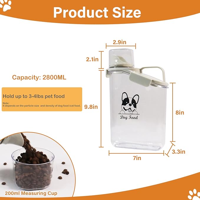 Dog Food Storage Container Airtight |3 Qt/2.8 L Clear Plastic Dog Puppy Food Treats Container with Measuring Cup|Hold up to 3.8 lbs of Pet Food|Portable Food Containers for Travel| BPA Free-NeatNest