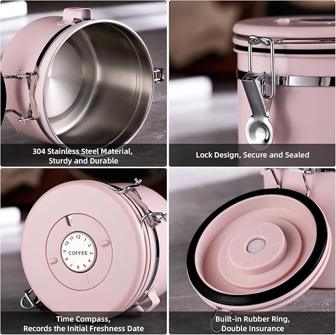 Bincoo Pink Coffee Canister, Large Stainless Steel Coffee Bean Storage Container with Date Tracker (800ML)-NeatNest