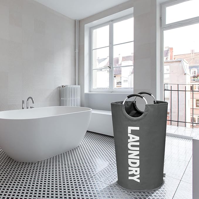 DOKEHOM 90L Large Laundry Basket, Collapsible Laundry Bag, Freestanding Tall Clothes Hamper, Foldable Washing Bin (Dark Grey)-NeatNest