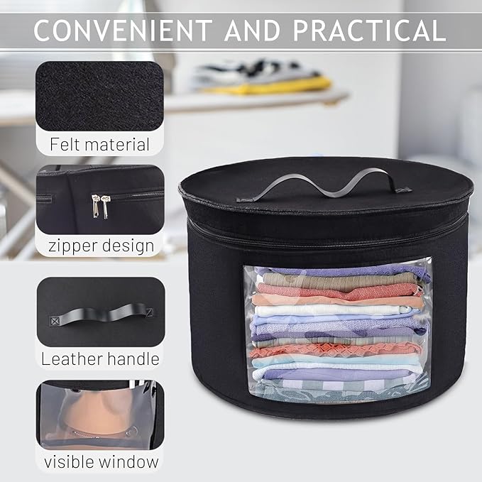 Hat Box, Hat Boxes for Women/Men Storage, 17" D x 10" H, Round Hat Storage Box Container for Closet, Clothes Storage Bin for Stuffed Animal Toy, Foldable Hat Box for Travel with Dustproof Lid (Black)-NeatNest