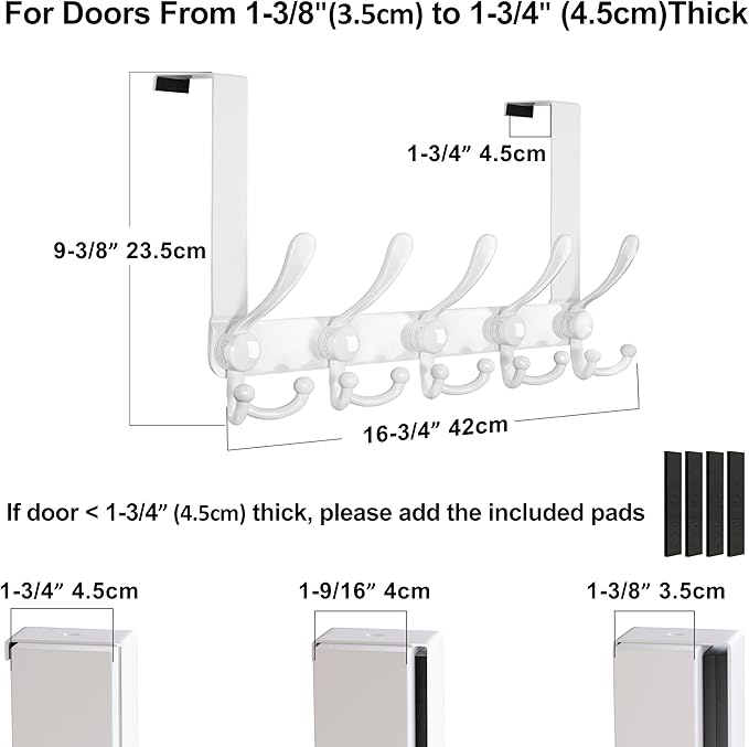 Dseap Over Door Hook 2.0 - Upgraded Version - Simple-Assembly, Strong, Heavy-Duty Stainless Steel 5-Tri-Hook Over The Door Hanger Rack, SimpleStrong Series, White & Black
