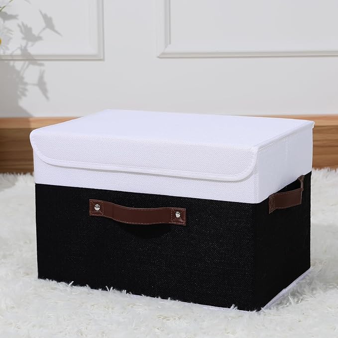 ANMINY Storage Boxes with Lids Washable Decorative Storage Bins Basket with PU Leather Handle Foldable Linen Fabric Storage Cubes Containers for Home Closet Organizer - Black White, Large Size-NeatNest