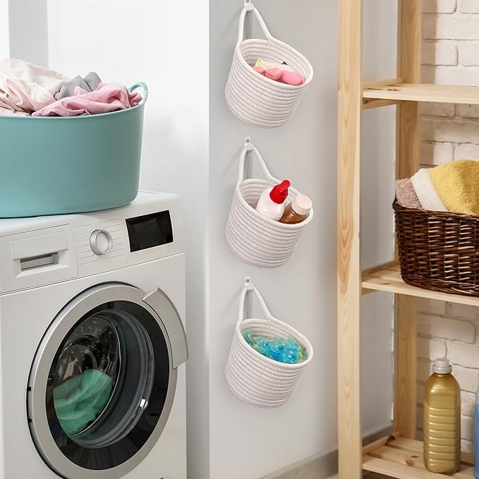 Fabric Wall Hanging Baskets - 3Pack Woven Pouchs Boho Style Wall Mounted Bag with Adhesive Hooks, Storage Organizers and Decoration Pocket Caddy Bins on Door Rack (White & White, Large)