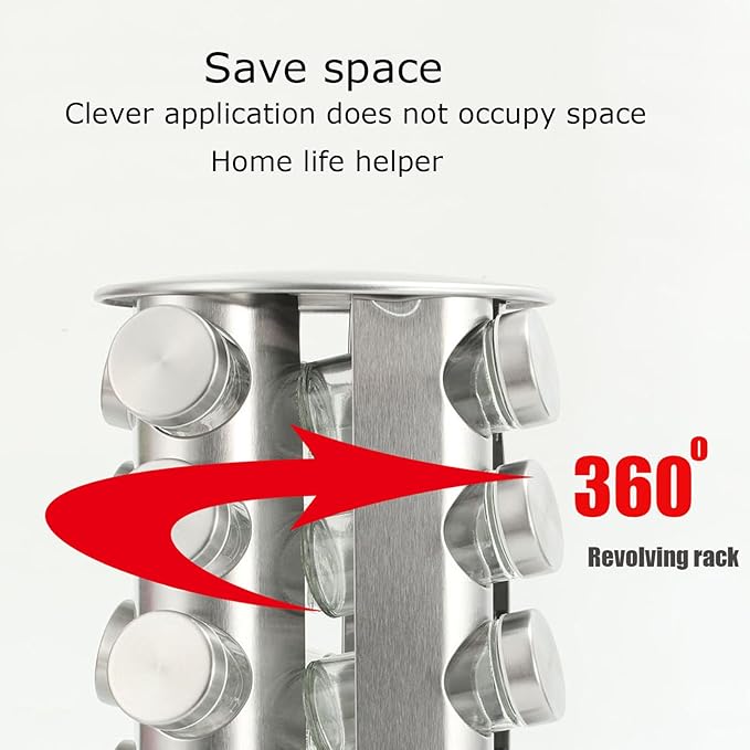 Spice rack-Revolving Spice Rack Set, Kitchen Spice Tower Organizer for Countertop or Cabinet -Desktop Rotating Seasoning Organizer(Stainless Steel) (Silver, 16-Jar)
