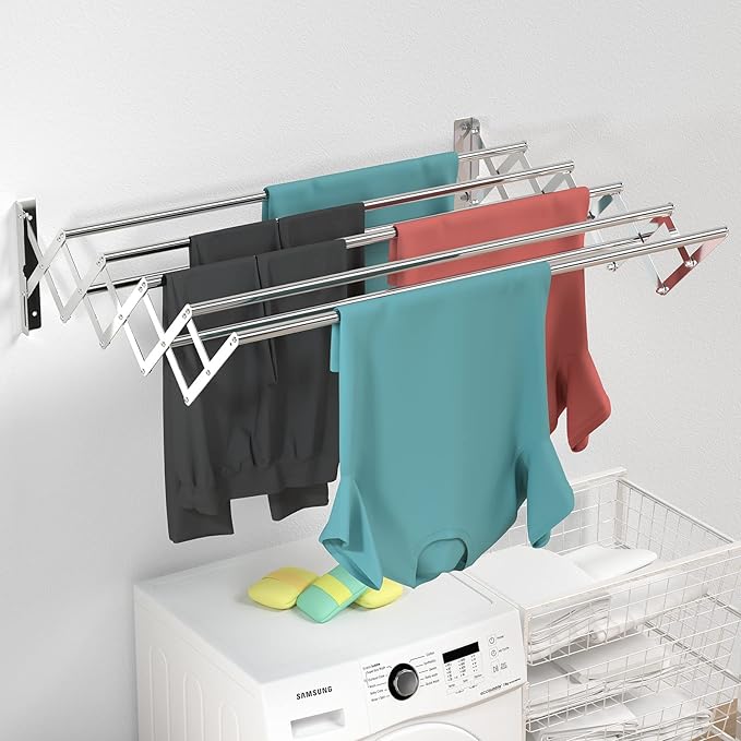 Guevara Wall Mounted Clothes Drying Rack,Stainless Steel Foldable Drying Rack for Laundry Room/Bathroom Tower,Easy to Install 31-inch Rod, 120 lbs Large Capacity- Indoor and Outdoor Use
