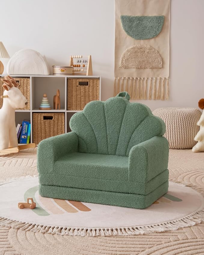 Blissful Diary Kids Couch, 2-in-1 Soft Toddler Couch Fold Out, Toddler Chair Comfy, Convertible Sofa to Lounger, Kids Furniture for Playroom, Gift for Birthday, Children's Day, Green Shell-NeatNest