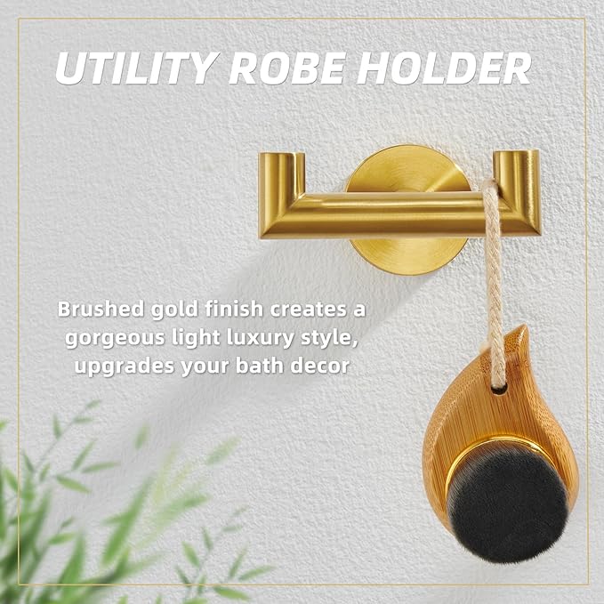 APLusee Brushed Gold Double Hand Towel Hook, 304 Stainless Steel Coat Hanger Luxurious Style, Bathroom Accessories Wall Mounted