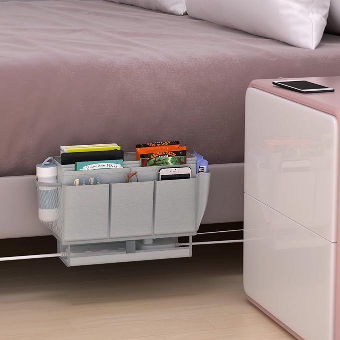 Bedside Caddy, Bed Organizer with 11 Pockets and Power Strip Holder, Versatile Bedside Storage Caddy for Home,Dorm,Bunk,Hospital,Crib Bed (2 Pack Grey)-NeatNest
