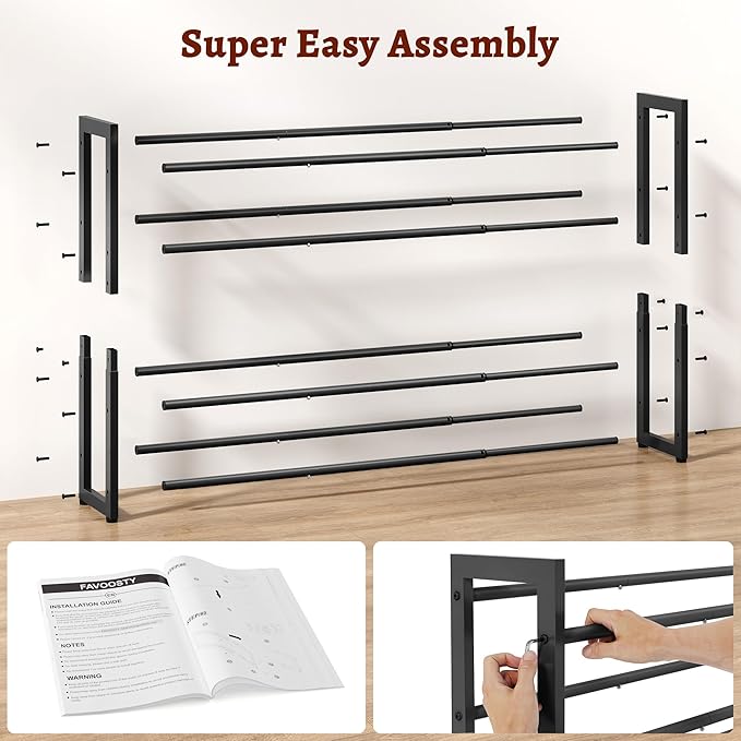 FAVOOSTY 4-Tier Expandable Shoe Rack, Adjustable Shoe Shelf Storage Organizer Space Saving Metal Free Standing Shoe Rack for Entryway Closet Doorway, Black-NeatNest