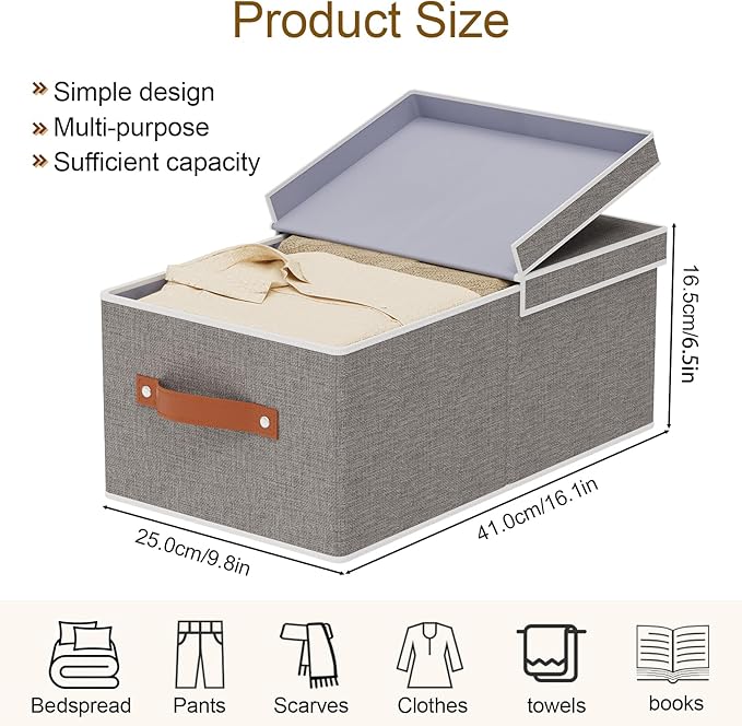 3-Pack Storage Boxes, Foldable Blanket Basket with Detachable Lid, Linen Closet 0rganizers with Double Handles, Collapsible Cubes for Organizing, Grey, 16.1 x 9.8 x 6.5 inch-NeatNest