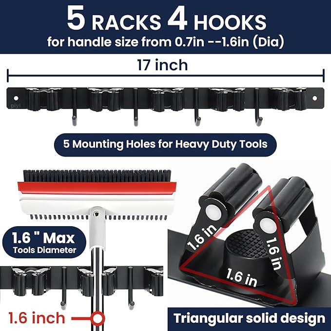 Piyl Mop and Broom Holder Wall Mount - 5 Racks and 4 Hooks Broom Hanger Mop Organizer Storage Tool Racks Stainless Steel Heavy Duty Utility Hooks for Home Kitchen Garden Laundry Garage Closet-NeatNest