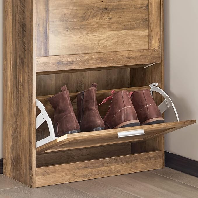 Haotian Small Shoe Storage Cabinet Entryway, Slim Shoe Rack for Small Space 2 Flip-Drawers, Shoe Organizer for Hallway Brown FSR137-F-NeatNest