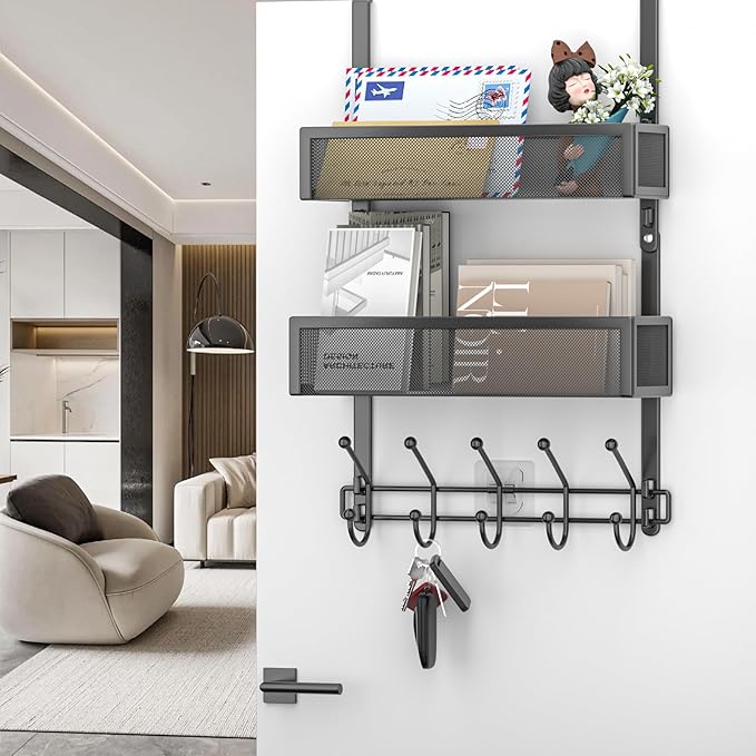 Adjustable Over The Door Hooks Organizer, Door Hanger Coat Rack with 2 Mesh Baskets and 10 Hooks, Back of Door Storage Organizer for Bedroom,Bathroom,Kitchen (Black)