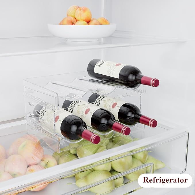 EZ COZY Wine Rack, 2 Tier Water Bottle Organizer for Cabinet, Stackable Clear Wine Holder for Pantry, Refrigerator, Countertop Organization (6 Bottles)