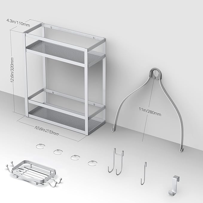 Meangood Shower Caddy Organizer with Soap Holder, Mounting Over Shower Head Or Door, Extra Wide Space for Shampoo, Conditioner, and Soap with Hooks for Razorsand More, Matte Silver