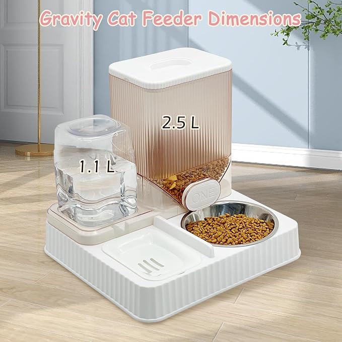 Fhiny Gravity Cat Feeder & Water Dispenser, 2 in 1 Automatic Puppy Waterer Removable Stainless Steel Food Bowls Set Self Feeding Pet Food Storage for Cat Kitten Puppy Easy Clean (White)-NeatNest