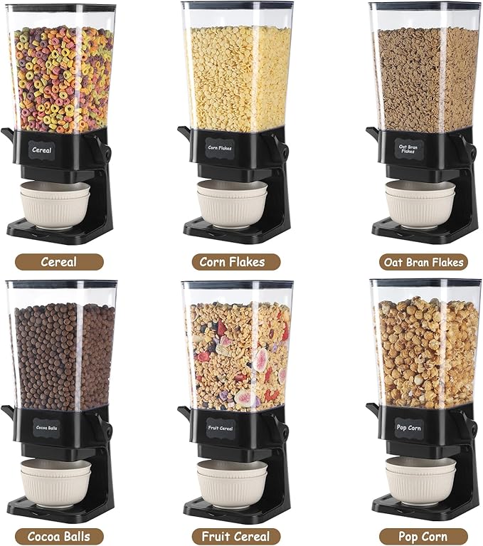 Cereal Dispenser Countertop with Cereal Bowls,16 Labels & Pen, Cereal Containers Storage, Candy Dispenser, Dry Food Dispenser For Pantry - Not Easy to Crush Food (Black, 2 Pack)-NeatNest