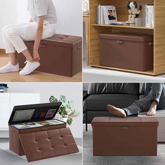 DocSafe Storage Ottoman Bench with Lock,Fireproof 30 Inches Folding Bench Foot Rest Stool Storage Chest Safe for Living Room,Bedroom,Home Office,Waterproof Leather Ottoman with Handles,Brown-NeatNest