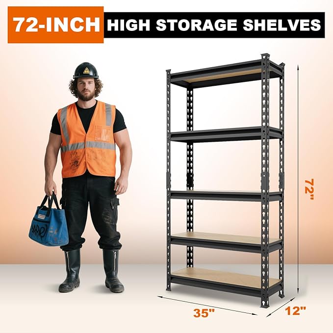 BIG RED Storage Shelving Unit, 5-Tier Adjustable, Heavy Duty Metal Garage Shelves/Utility Rack for Kitchen, Pantry, Basement, Bathroom, Laundry - 2,000 lbs Capacity, Black, 72" H x 35" W x 12" D-NeatNest