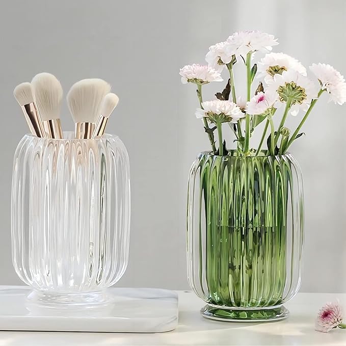 DASITON Makeup Brush holder Organizer,Crystal Cosmetic Makeup Brush Glass Brushes Storage Holder, Vintage Make Up Brush Cup striped vase(Green)-NeatNest