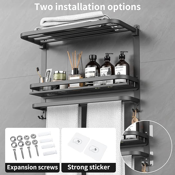 22.8Inch Towel Rack for Bathroom and Lavatory Towel Hanger with Wall Mount Towel Bars 304 Stainless Steel No Drill (Collapsible Black Towel Rack with Bathroom Organize Shower Shelves)