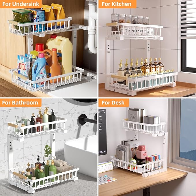 Under Sink Organizer, 2 Tier Height Adjustable Pull Out Cabinet Organizer Drawer, Metal Storage Shelf with Slide Out Wire Basket for Bathroom Kitchen, Countertop Pantry, White-NeatNest