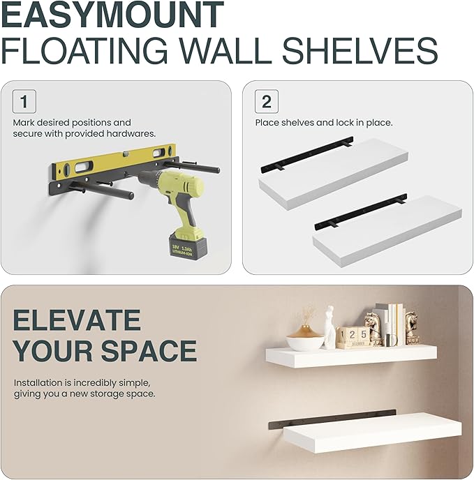 BATODA Set of 2 17" White Floating Shelves Wall Mounted for Bathroom – Wooden Decorative Wall Bookshelf - Storage Shelf Organizer for Home, Bedroom, Kitchen - Black Bracket, Shelving Mounting Included-NeatNest