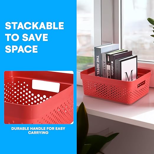 Bins & Things Plastic Storage Bin - Basket Organizer Bins - Suitable as Laundry Bin, Closet Basket, Book Shelf, Pantry Storage - Room Essentials - For Bathroom, Cabinet, & Kitchen - Set of 6 - Red-NeatNest