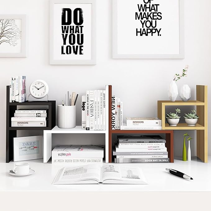 Black Desk Organizer Shelf Wooden Desktop Bookshelf Adjustable Desktop Organizer Shelves Small Book Shelf for Office Desk Supplies Home Storage Natural Stand Decor (Black, Style2)-NeatNest