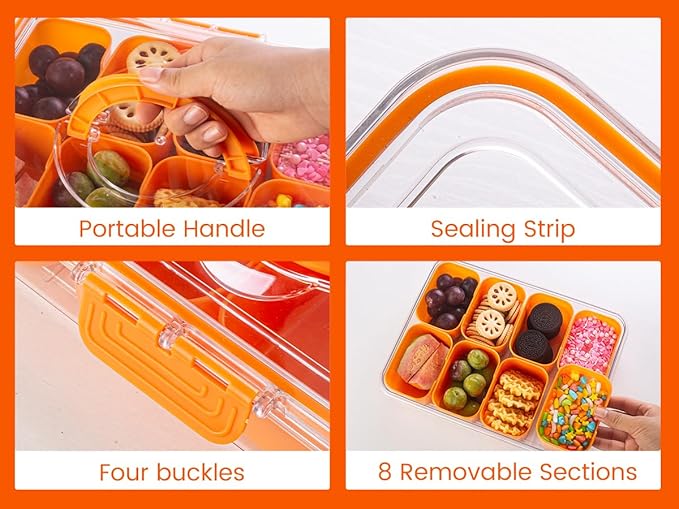 Divided Serving Tray with Lid and Handle - Snackle Box Charcuterie Container for Portable Snack Platters Organizer for Candy, Fruits, Nuts, Snacks - Perfect for Party, Entertaining, Orange-NeatNest