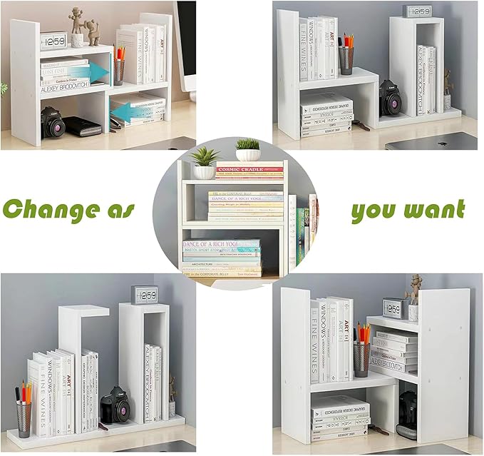 Hongtaitong Natural Wood Bookcase,Bookshelf on Desk, Expandable Bookselves on Room,Organizer Expandable Desktop,Adjustable Desktop Shelves and Office Shelves,Counter Organizer Kitchen,White-NeatNest