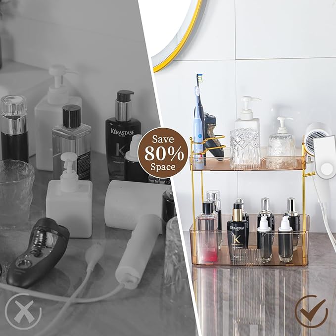 Bathroom Counter Organizer, Large Makeup Organizer Countertop, Shelf Storage, Vanity Tray, Easily Assemble for Bathroom Organizers and Storage, Undersink, Cabinet,2 Tiers Amber-NeatNest