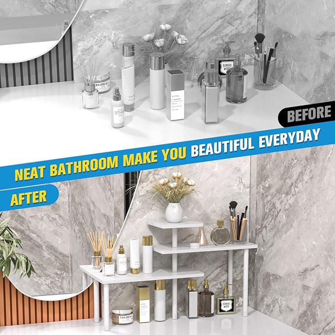 JayRex Bathroom Organizer Countertop Corner Shelf, 3 Tier Moveable Organizer for Make Up, Dresser Table, Desktop (White)-NeatNest