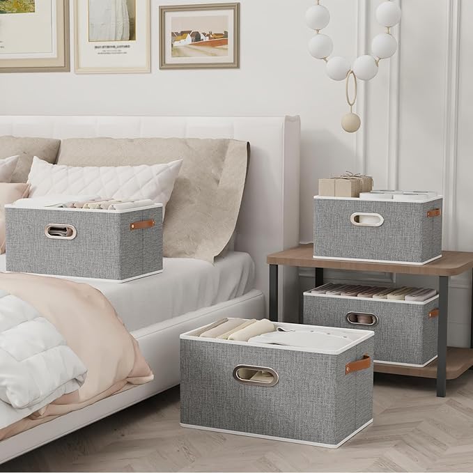 Yawinhe Fabric Storage Baskets, Foldable Closet Organizer for Shelves, Large Boxes with 3 Handles, Canvas Bins for Clothes, Grey, 12.99''Lx9.05''Wx7.87''H, 6-Pack-NeatNest