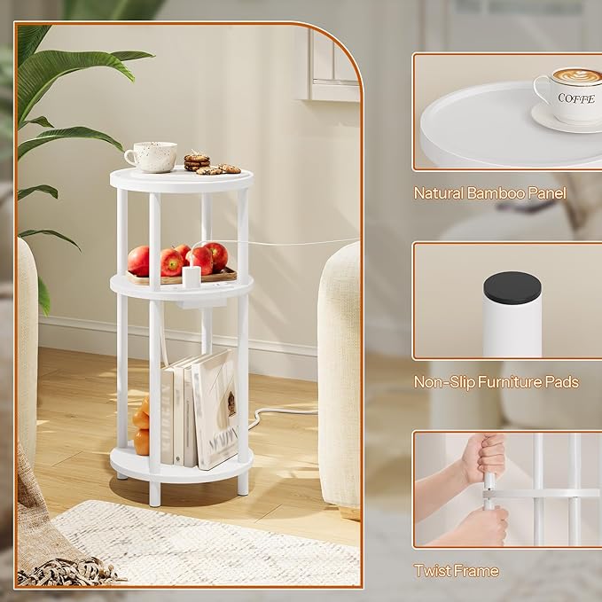 HOOBRO Set of 2 Small Round Side Tables with Charging Station, 3-Tier Round Bamboo End Tables, Easy Assembly, for Living Room, Bedroom, Apartment, White WT152UBZP201