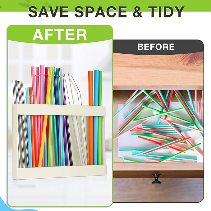 Acrylic Straw Holder for Cabinet Door with Double Sided Adhesive Tape Reusable Straw Organizer Tumbler Storage Kitchen Accessories Container for Counter Cupboard(Classic,Large,Milky Yellow)