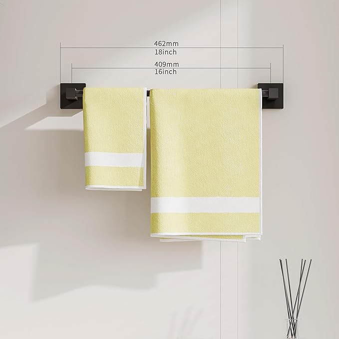 RUACQ Towel Bar 16 inch, Towel Racks for Bathroom Wall Mounted, SUS304 Stainless Steel Towel Holder, Hand Towel Holder Organizer, Matte Black Single Bar, Total Length 18 inch