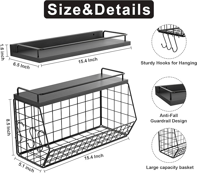 Bathroom Shelves Over Toilet Wall Mounted Floating Shelves with Wire Basket and Hooks Metal Shelf Organizer for Bathroom, Bedroom, Living Room, Kitchen, Home Storage-NeatNest
