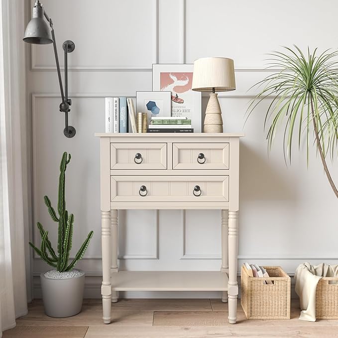 Giantex Entryway Table with Storage, Rustic Small Console Table w/ 3 Drawers & Open Bottom Shelf, Skinny Wood Console Table, Narrow Sofa Side Table for Living Room, Foyer, Hallway, Entry Table, Beige-NeatNest