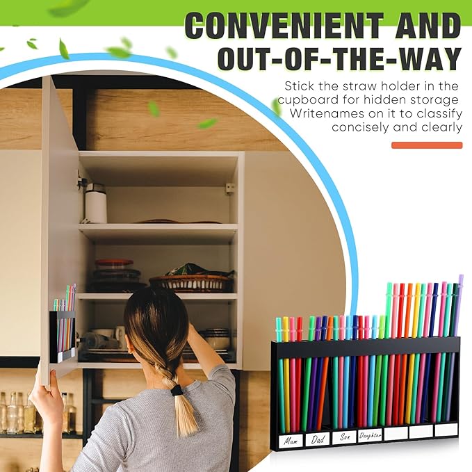 Acrylic Straw Holder for Cabinet Door with Double Sided Adhesive Tape Reusable Straw Organizer Tumbler Storage Kitchen Accessories Container for Counter Cupboard(Classic,Extra Large,Black)