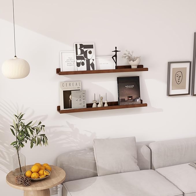 Floating Shelves for Wall 36 Inch | Picture Ledge Shelf Set of 2 | Solid Ash Wood Floating Shelves with Lip | Dark Wood Picture Shelf for Wall with Ledge | Photo Ledge Shelves-NeatNest
