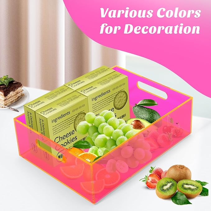 Acrylic Storage Bin Pantry Storage Container with Handles Kitchen Organizer Bin for Cabinet Cupboard Organization, Heavy Duty, 12.6 x 9.4 x 4'', Neon Pink