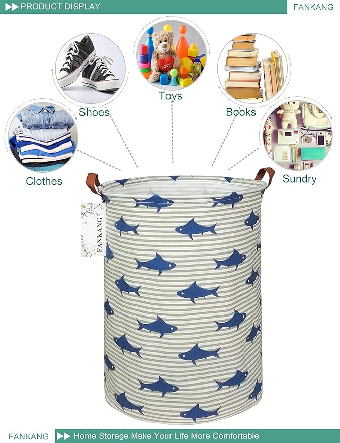 FANKANG Storage Basket, Nursery Hamper Canvas Laundry Basket Foldable with Waterproof PE Coating Large Storage Baskets for Kids Boys and Girls, Office, Bedroom, Clothes,Toys(Shark)