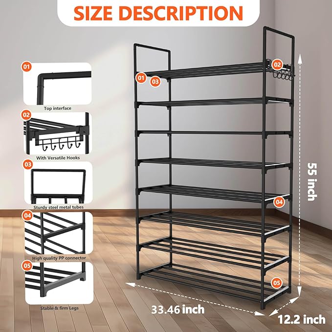 8 Tiers Metal Shoe Rack,Adjustable Shoe Shelf Storage Organizer with Hooks,Stackable Boot & Shoe Storage,for Entryway,Hallway,Closet,Black-NeatNest