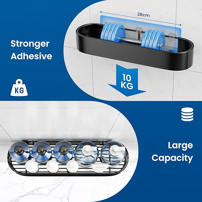 Adhesive Shower Caddy, 2 Pack X-Large Bathroom Organizers and Storage with Large Capacity and 4 Hooks, No Drilling Shower Shelf for Inside Shower for Bathroom, Dorm and Kitchen