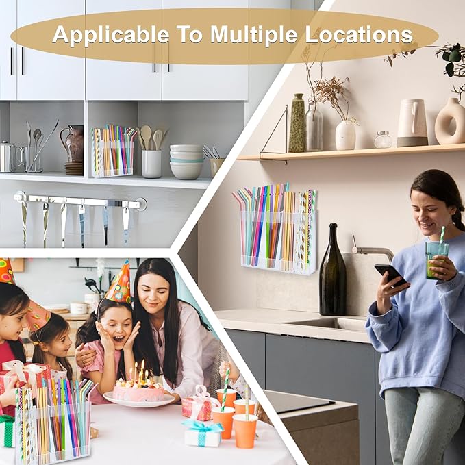 Acrylic Straw Holder Dispenser with Double Sided Adhesive Tape Reusable Tumbler Lid Straw Organizer Storage Container for Counter Cabinet Cupboard Kitce (Clear)