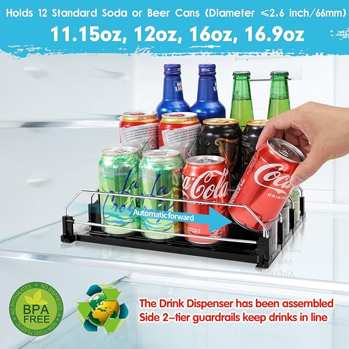 Drink Dispenser for Refrigerator, Self-Pushing Soda Can Organizer for Fridge, 3 Rows has been Assembled, Automatic Can Organizer with Spring Loaded for Refrigerator Holds 12 cans, Black
